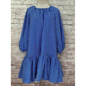 LDT Picnic Blue White Checkered Balloon Sleeve Drop Waist Babydoll Dress 2 NEW